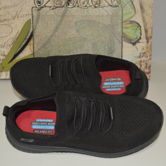 Skechers 7.5 Black Slip Resistant Shoes Relaxed Fit Knit Uppers Lace-ups - Picture 1 of 5